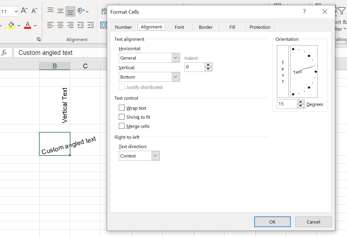 Screenshot of angled text options in Format Cells menu in Excel