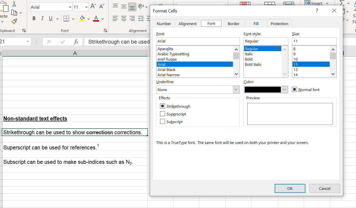 Screenshot of font tab in Format Cells menu in Excel
