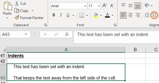Screenshot showing an example of indented text in Excel