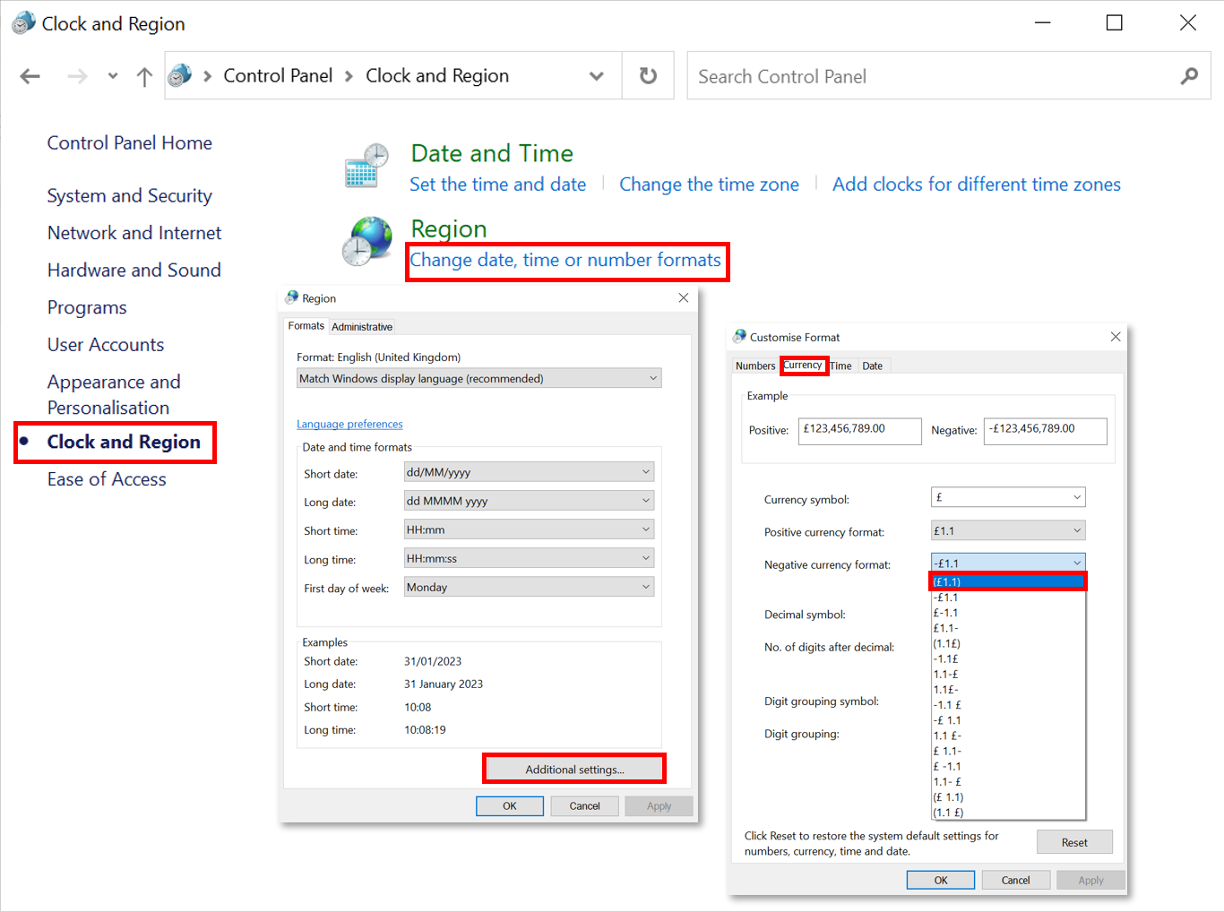 Screenshot showing Windows Region Settings and customised Currency format in Excel