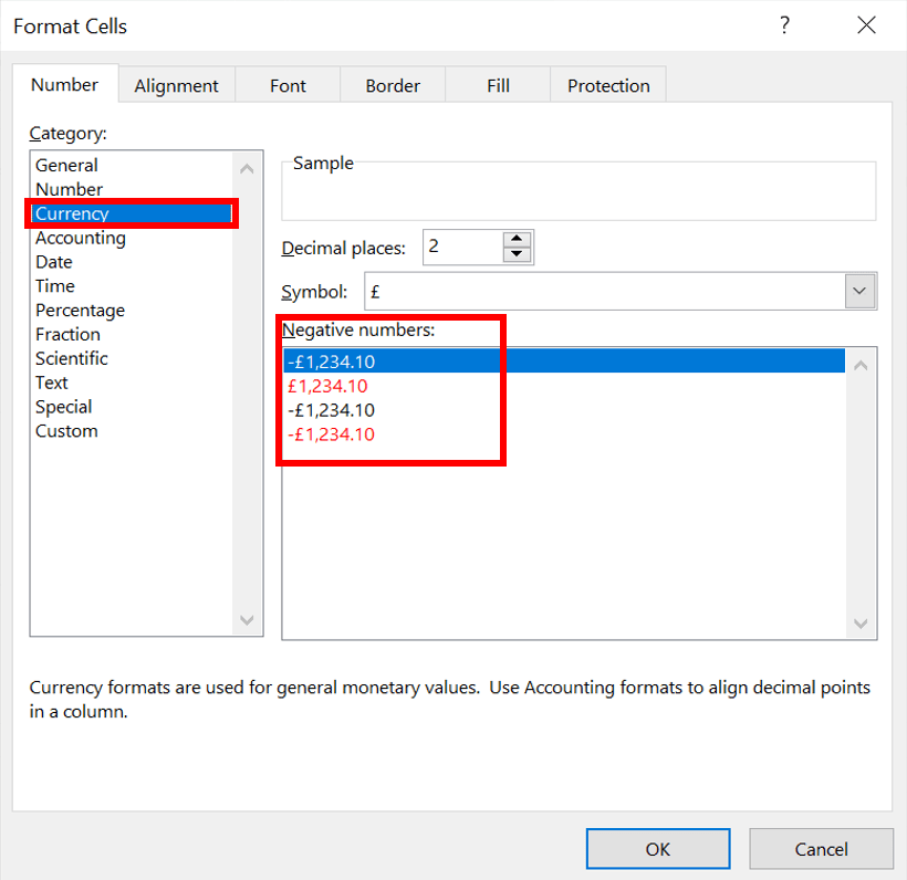 Screenshot showing Excel Currency number format options with negatives with brackets