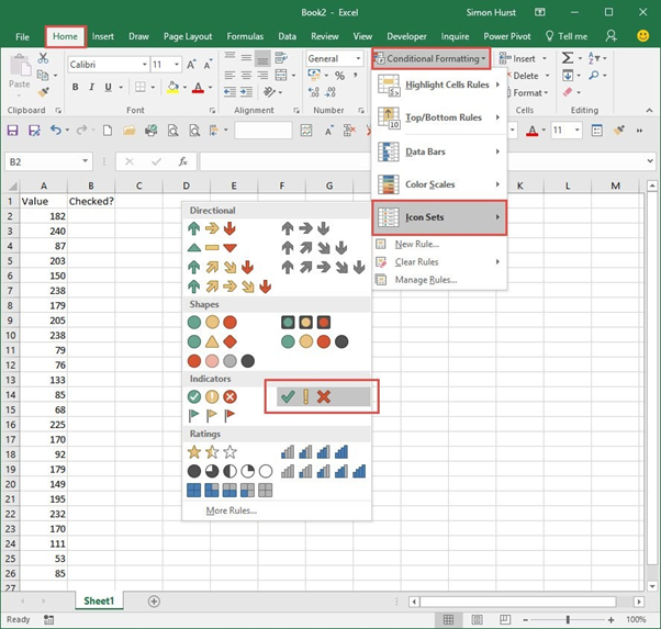 Screenshot showing how to add ticks in Excel conditional formatting