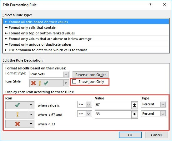 Screenshot showing how to add icons in Excel conditional formatting