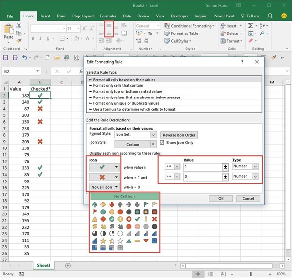 Screenshot showing what to select to show icons in Excel conditional formatting