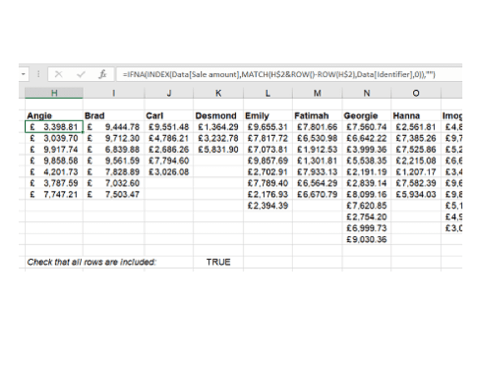 screengrab of spreadsheet