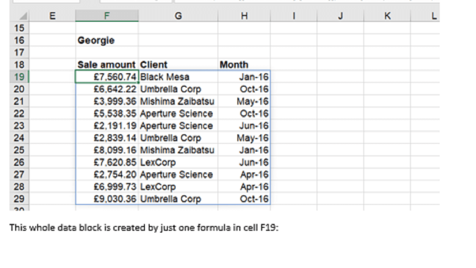 screengrab from Excel