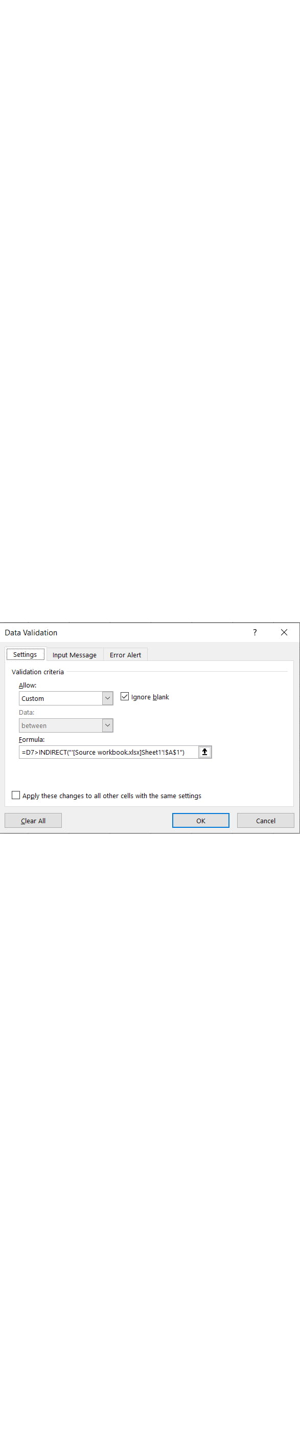 Excel screen shot of data validation error