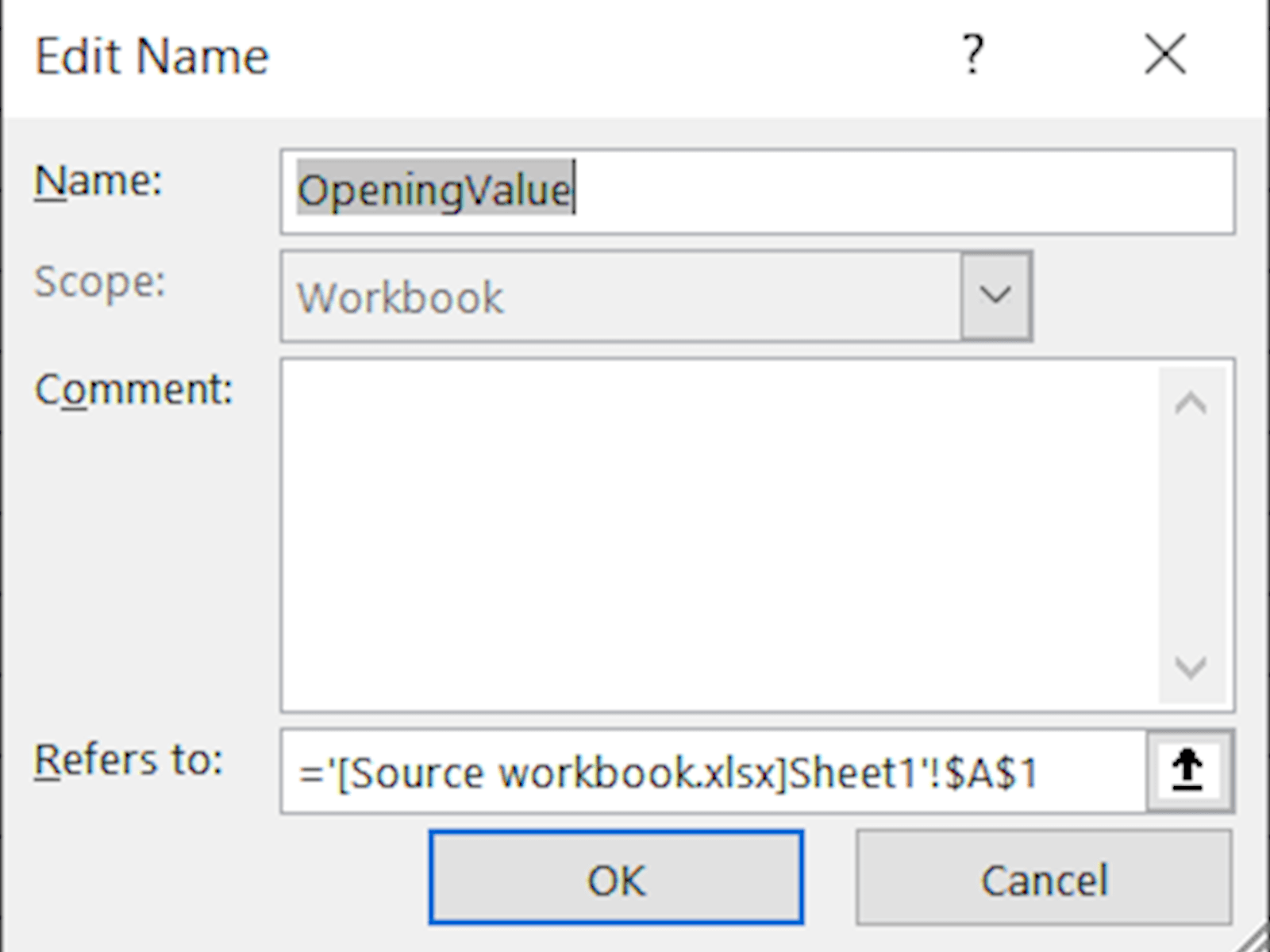 Excel screen shot of edit name