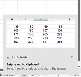 The notification that appears when you take a screenshot with Snip & Sketch in Excel.
