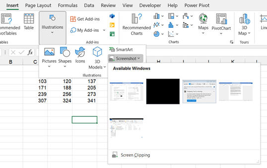 A screenshot of an Excel window with the follow series of toolbar buttons selected: Insert > Illustrations > Screenshot