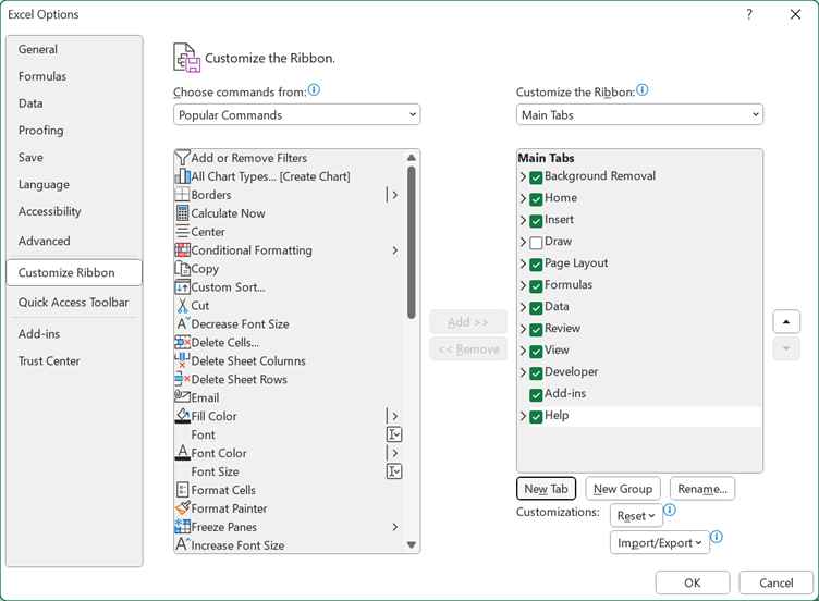 Screenshot of the 'Customise Ribbon' dialogue box in Excel