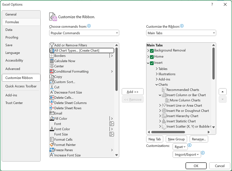 Screenshot showing how to create groups in the 'Customise Ribbon' dialogue box in Excel