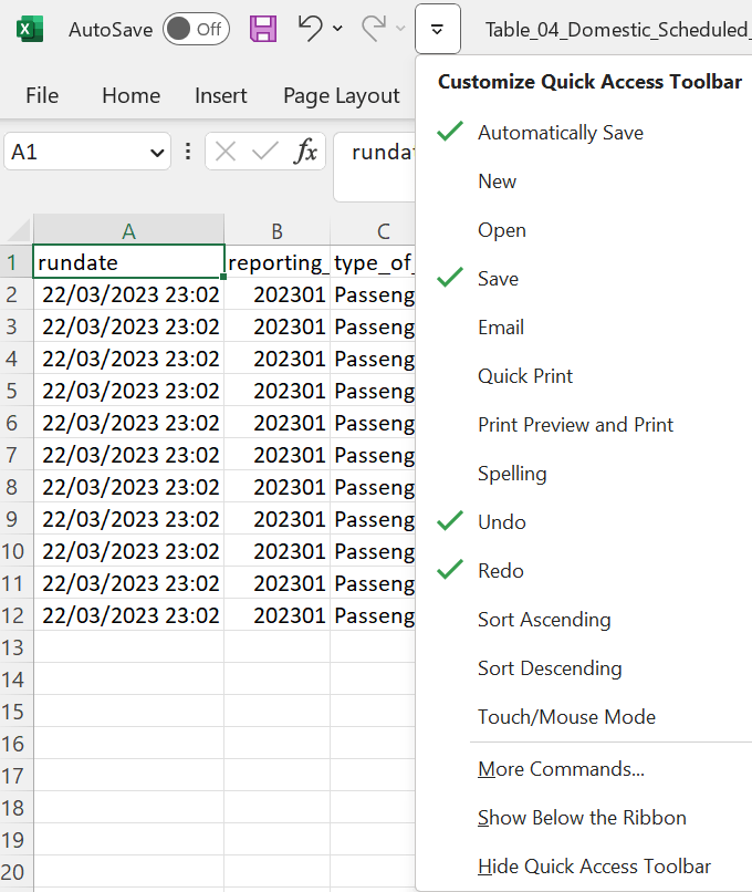 Screenshot of the drop down menu in the Quick Access Toolbar in Excel