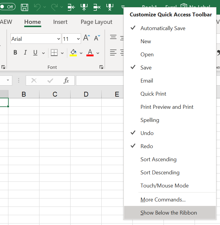 Screenshot showing how to move the Quick Access Toolbar in Excel