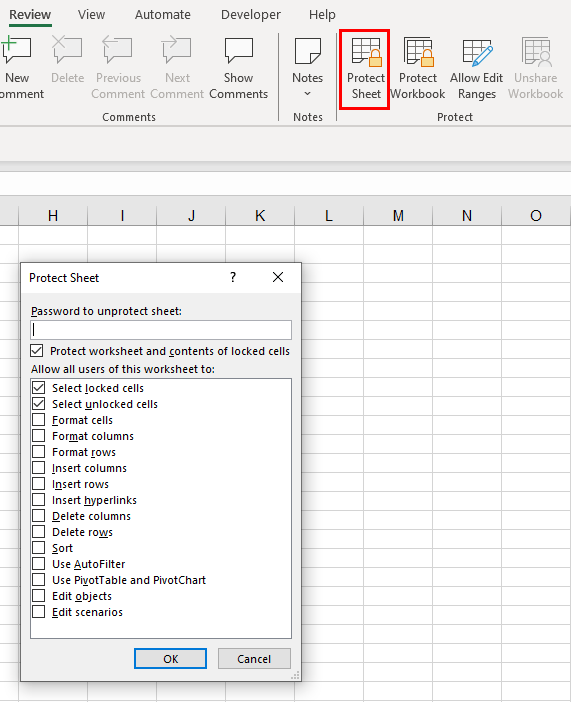 Image of Excel screenshot showing protect cells popup