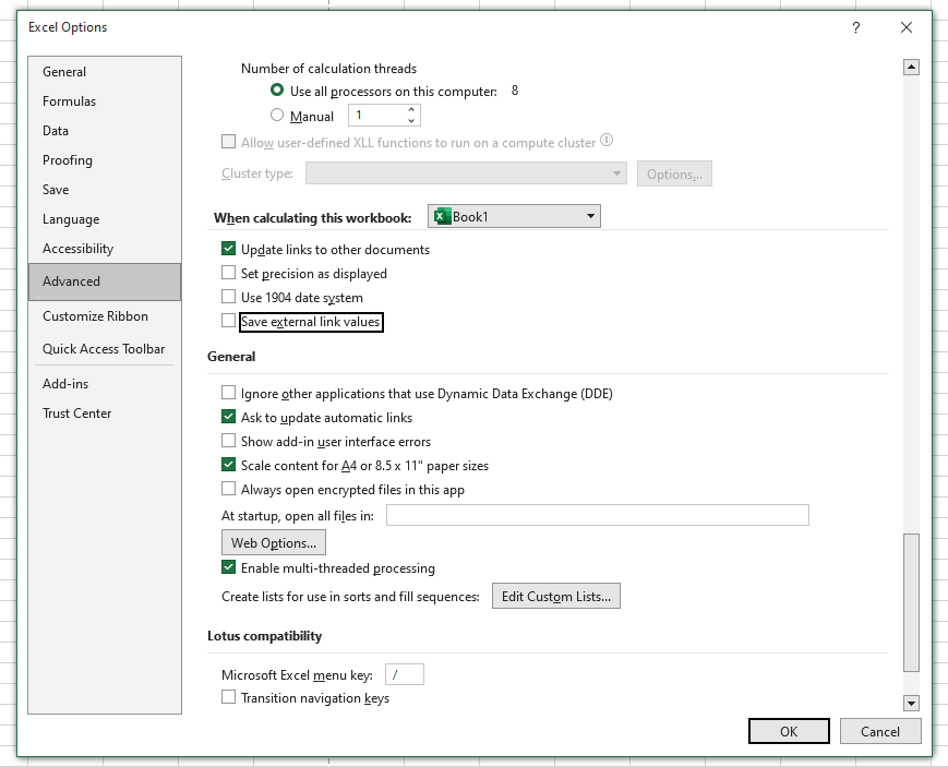 Image of Excel screenshot showing how to save external values