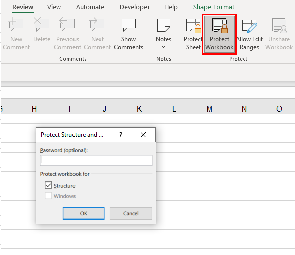 Image of excel screenshot showing protect workbook tab