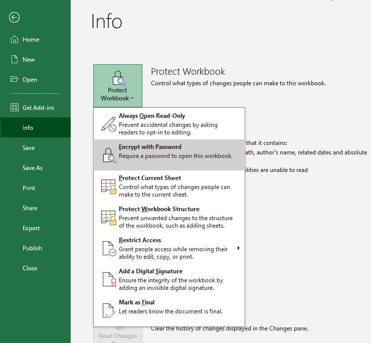 Image of Excel screenshot showing encrypt with password tab