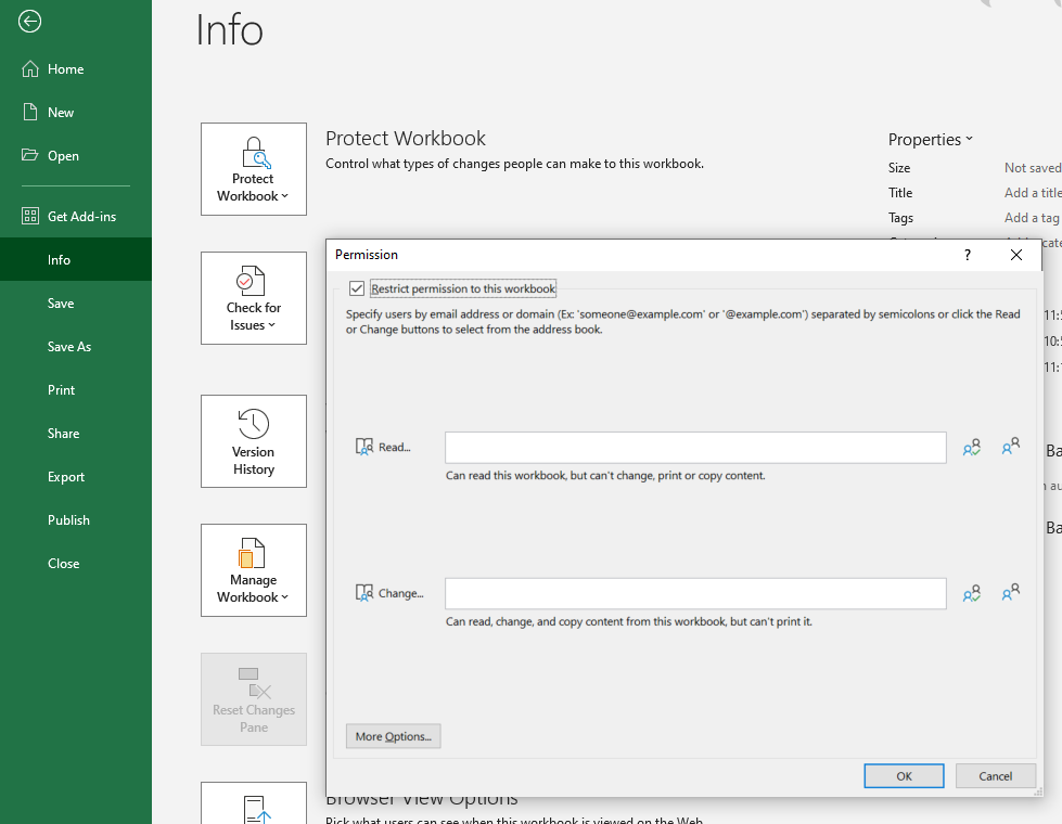 Image of Excel screenshot showing how to assign different users permissions