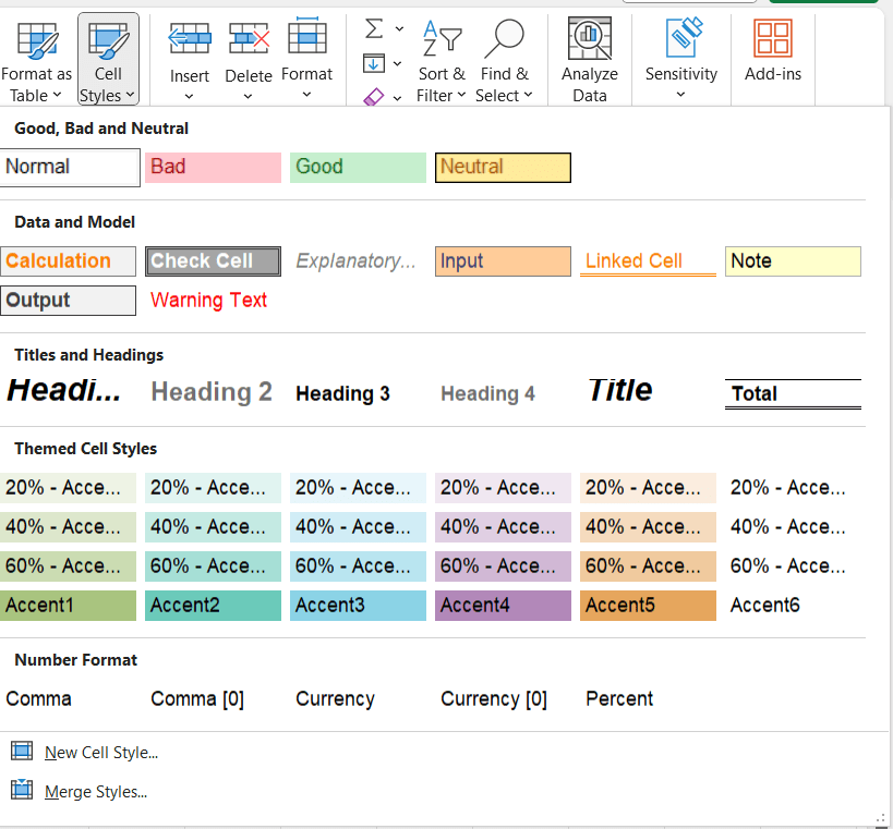 Screenshot of cell styles in Home ribbon in Excel