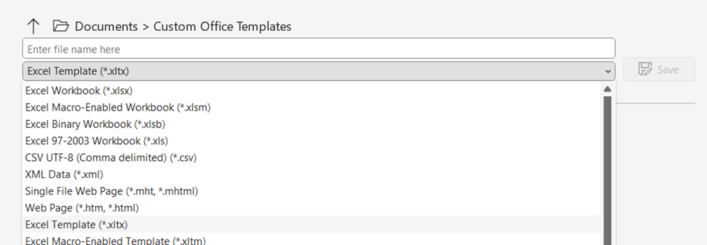 Screenshot of saving a custom Excel template