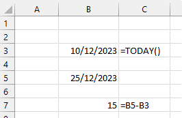 Screenshot of formula to subtract dates in Excel