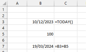 Screenshot of formula to add number to dates in Excel