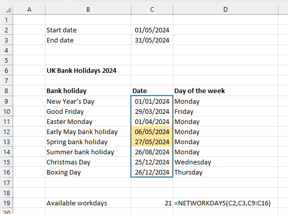 Screenshot showing how to use NETWORKDAYS formula to exclude dates in Excel
