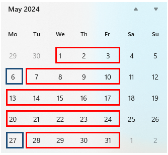 Screenshot of May 2024 in calendar with bank holidays highlighted