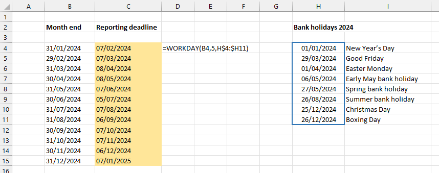 Screenshot showing how to use WORKDAY function in Excel