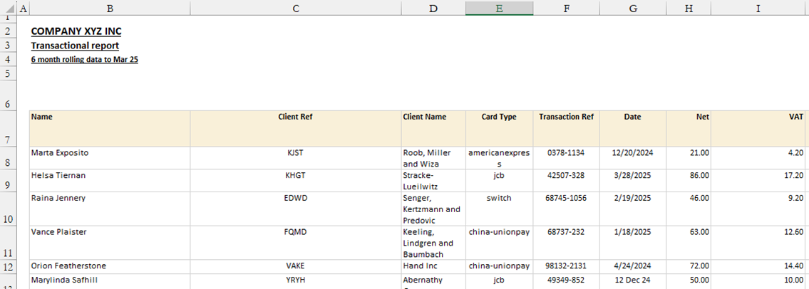 Screenshot of excel
