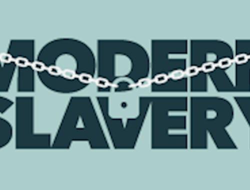 The words 'modern slavery' with a padlocked chain across them