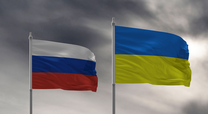 Ukranian and Russian flags