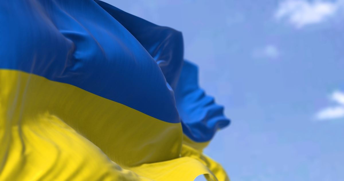 Ukrainian flag against blue sky