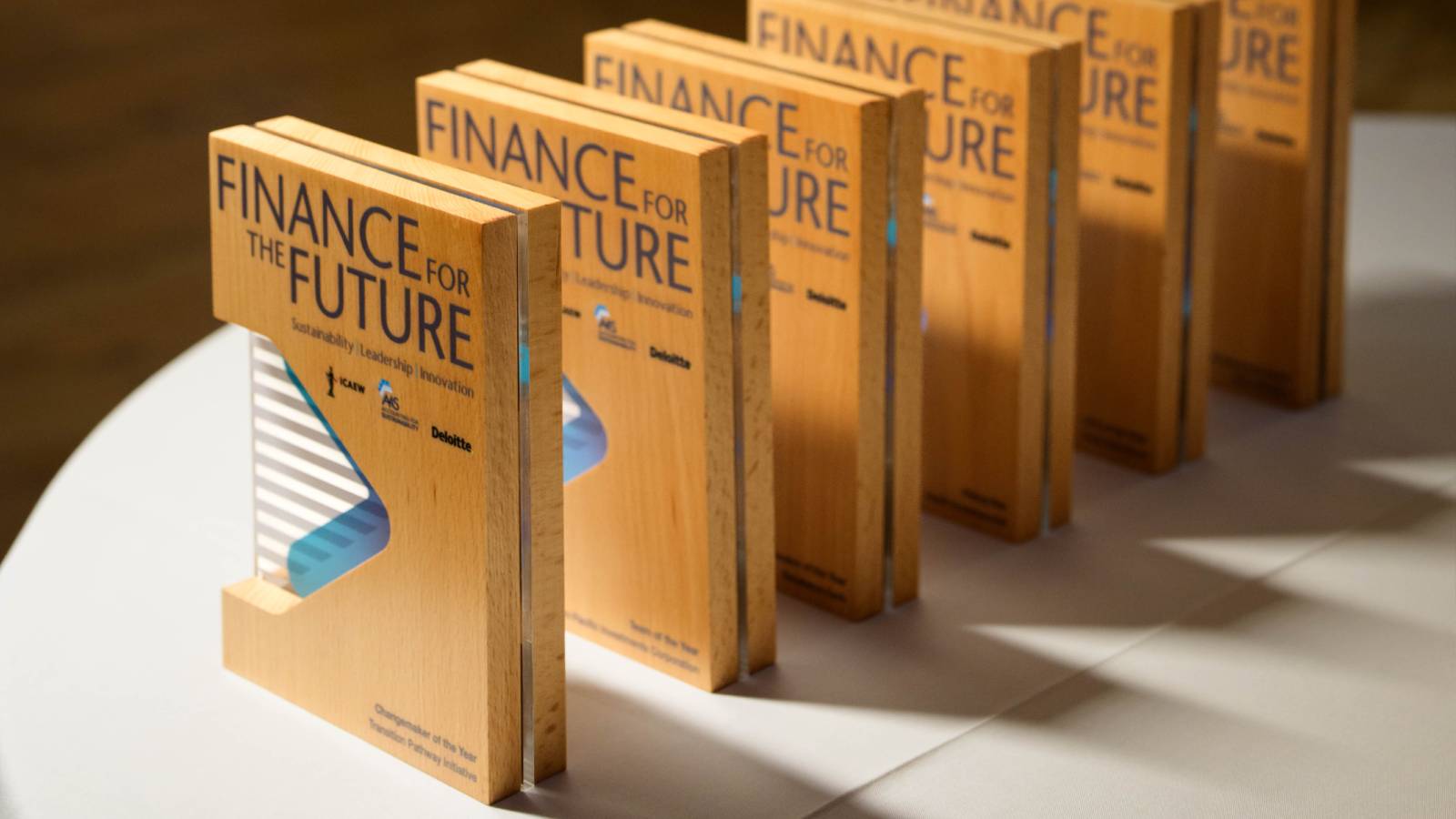 The trophies presented as part of the 2026 Finance for the Future Awards on 1 June in London