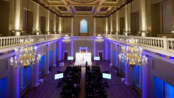 Overhead shot of the Finance for the Future Awards 2026 ceremony at Banqueting Hall in London.